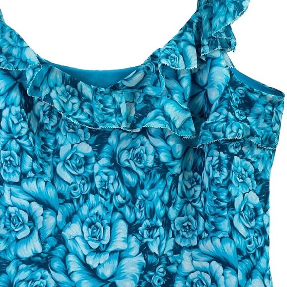 Ann Taylor Women's L Floral Ruffle Sleeveless Top 100% Silk Lined Teal Flowy - Picture 3 of 11